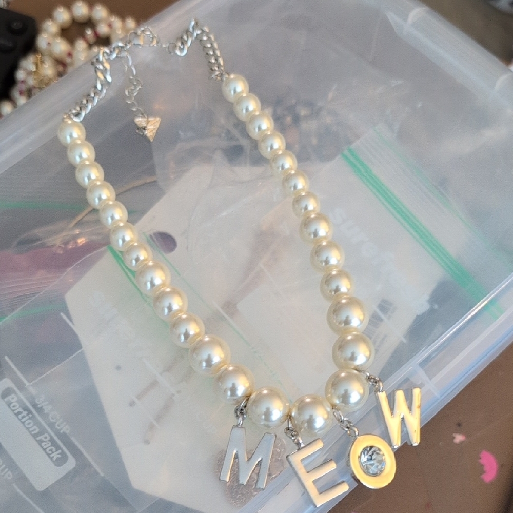 Pearl Necklace with MEOW Charm